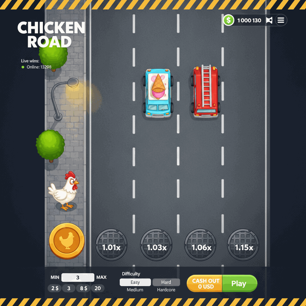 Schermata di gioco Chicken Road di InOut: gallina cartoon bianca sul marciapiede pronta ad attraversare una strada a corsie multiple con moltiplicatori visibili sui tombini, ambiente urbano con lampione e alberi, interfaccia di controllo in basso con pulsanti di scommessa e prelievo